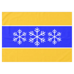 White Alpine Snowflakes Bright Blue Yellow Stripes Tablecloth