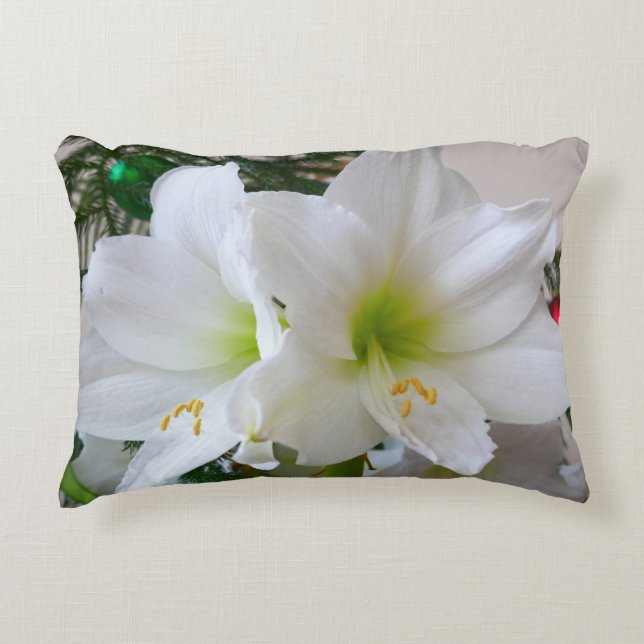 White Amaryllis and Christmas Tree Decorative Cushion (Front)