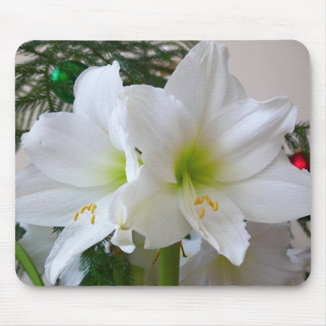 White Amaryllis and Christmas Tree Mouse Pad (Front)