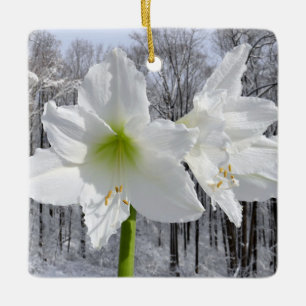White Amaryllis and Snow I Ceramic Ornament