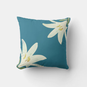 White Amaryllis Flowers on Teal Deep Green Colour Cushion