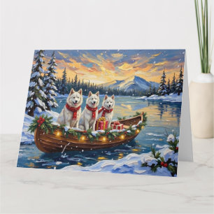 White American Eskimo Dog Christmas Boat Holiday Card