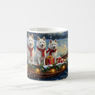 White American Eskimo Dog Christmas Boat Holiday Coffee Mug