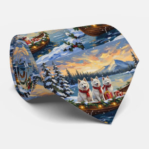 White American Eskimo Dog Christmas Boat Holiday Tie