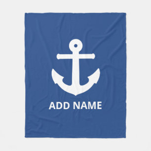 White Anchor Add Name Navy Fleece Blanket