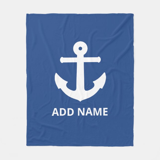 White Anchor Add Name Navy Fleece Blanket (Front)