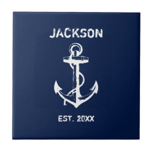 White Anchor and Navy Blue Background Tile