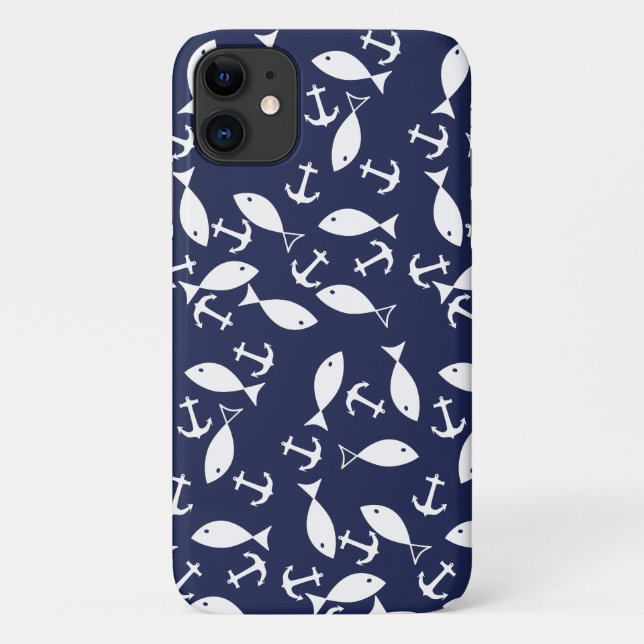 White Anchor Blue Background Captain Sea Fish Case-Mate iPhone Case (Back)