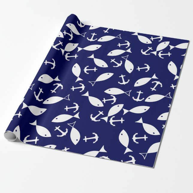 White Anchor Blue Background Captain Sea Fish Wrapping Paper (Unrolled)