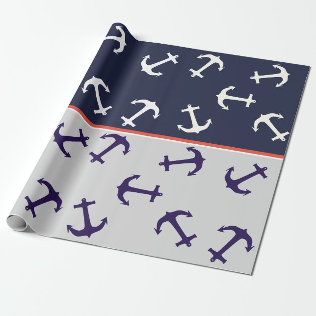 White Anchor Blue Background Captain Sea Ocean Wrapping Paper (Unrolled)