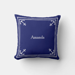 White Anchor border on Blue Nautical Cushion