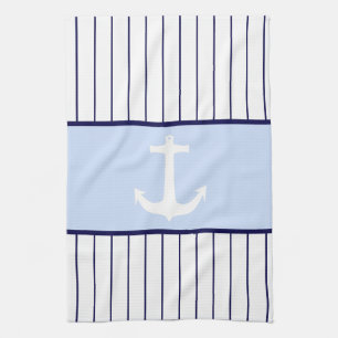 White Anchor Captain Blue Stripes Sea Ocean Tea Towel