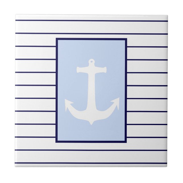 White Anchor Captain Blue Stripes Sea Ocean Tile (Front)