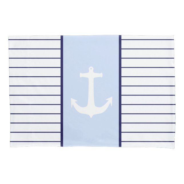 White Anchor Captain Blue Stripes Sea Sailor Pillowcase (Front)