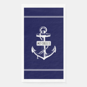 White anchor, lines and name on navy blue nautical napkin