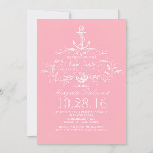 white anchor nautical pink bridal shower invite (Front)