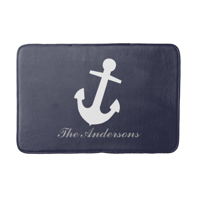 White Anchor on Navy Blue, Personalised Nautical Bath Mat (Front)