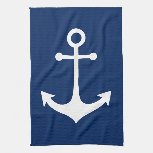 white anchor on navy blue tea towel (Vertical)