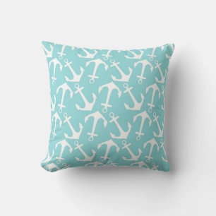 White Anchor Pattern on Aqua Cushion