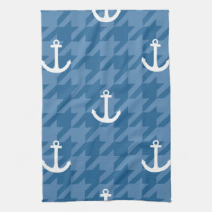 White Anchor Pattern Tea Towel