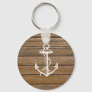 White anchor vintage rustic brown wood key ring