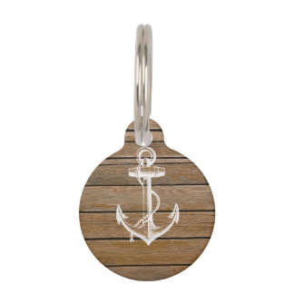 White anchor vintage rustic brown wood pet tag