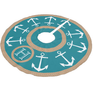 White Anchors and Rope Teal Nautical Monogram Brushed Polyester Tree Skirt