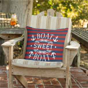 White Anchors Boat Sweet Boat Quote On Stripe Cushion
