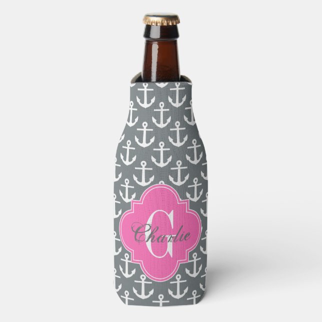 White Anchors, Hot Pink 1I Name Monogram Bottle Cooler (Bottle Front)