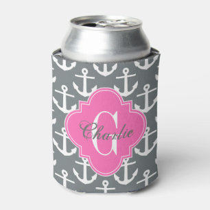 White Anchors, Hot Pink 1I Name Monogram Can Cooler