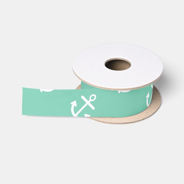 White Anchors Lucite Green Background Pattern Satin Ribbon (Spool)