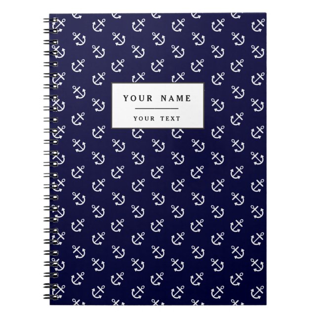 White Anchors Navy Blue Background Pattern Spiral Notebook (Front)