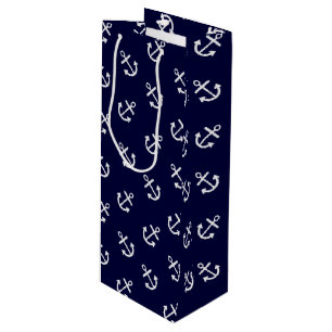 White Anchors Navy Blue Background Pattern Wine Gift Bag