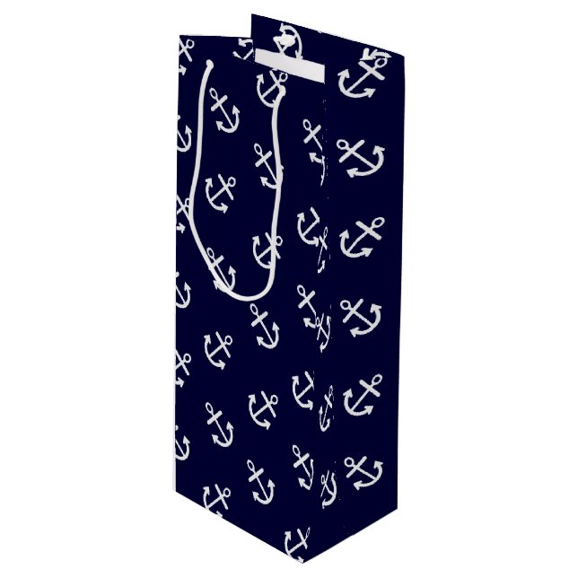 White Anchors Navy Blue Background Pattern Wine Gift Bag (Front Angled)