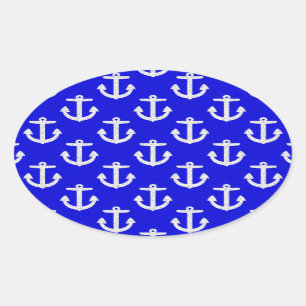 White Anchors On Blue Background Oval Sticker
