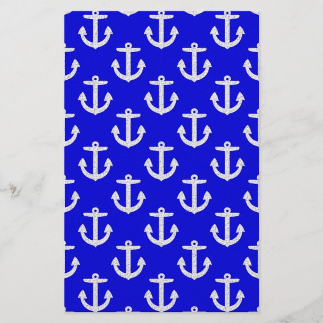 White Anchors On Blue Background Stationery (Front)