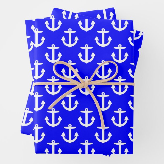 White Anchors On Blue Background Wrapping Paper Sheet (In situ)