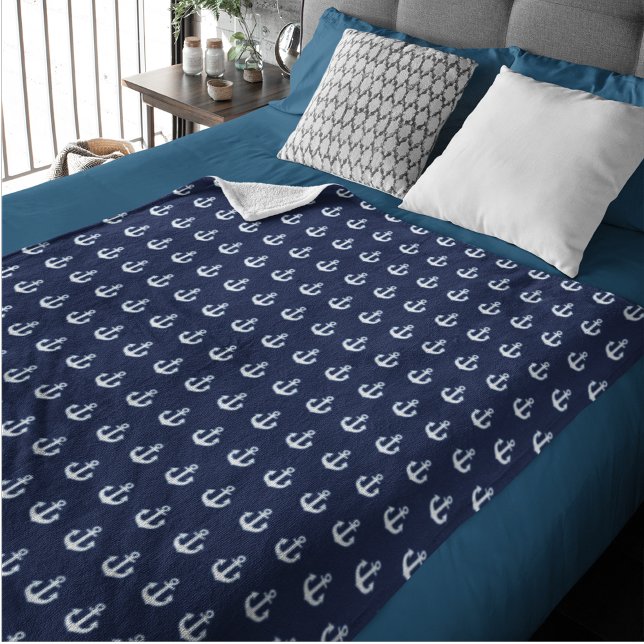 White Anchors side by side allover Blue Fleece Blanket (Creator Uploaded)