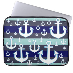 white anchors with blue stripes nautical laptop sleeve
