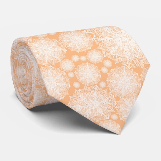 White and Apricot Mandala Pattern Necktie (Rolled)