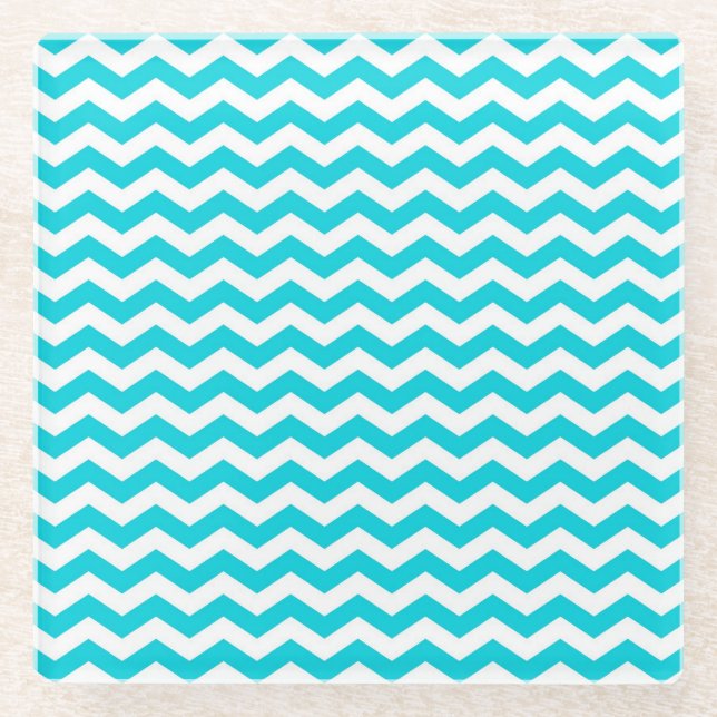 White and Aqua Zig Zag Pattern Glass Coaster (Front)