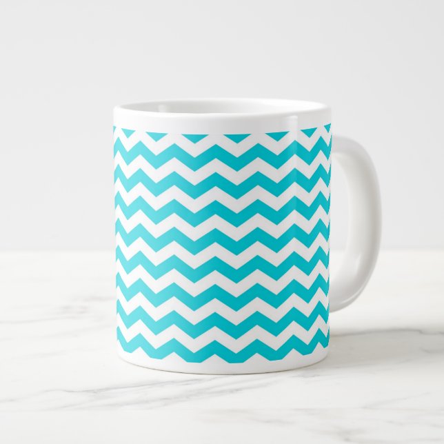 White and Aqua Zig Zag Pattern Large Coffee Mug (Front Right)