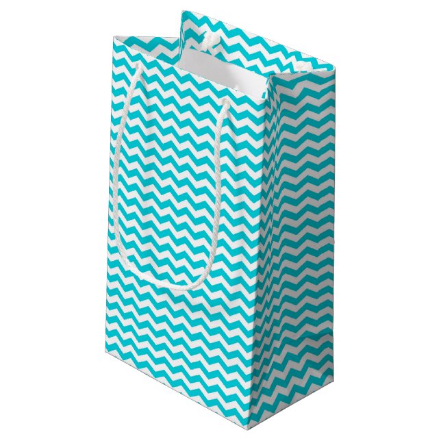 White and Aqua Zig Zag Pattern Small Gift Bag (Back Angled)