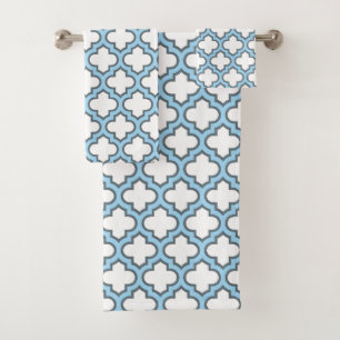 White and Baby Blue Trellis, Lattice, Quatrefoil Bath Towel Set