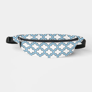 White and Baby Blue Trellis, Lattice, Quatrefoil Bum Bags