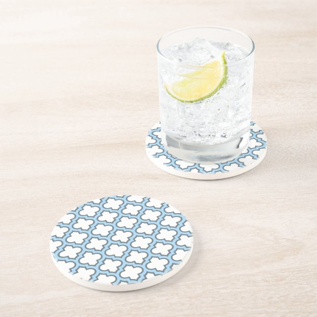 White and Baby Blue Trellis, Lattice, Quatrefoil Coaster (Side)