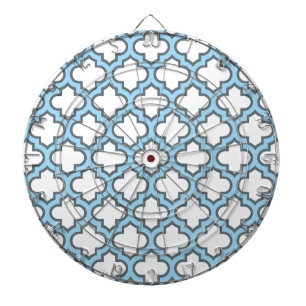 White and Baby Blue Trellis, Lattice, Quatrefoil Dartboard