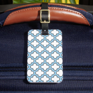White and Baby Blue Trellis, Lattice, Quatrefoil Luggage Tag