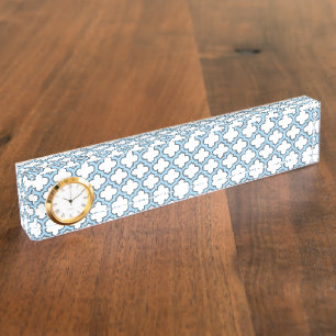 White and Baby Blue Trellis, Lattice, Quatrefoil Nameplate