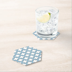 White and Baby Blue Trellis, Lattice, Quatrefoil Paper Coaster